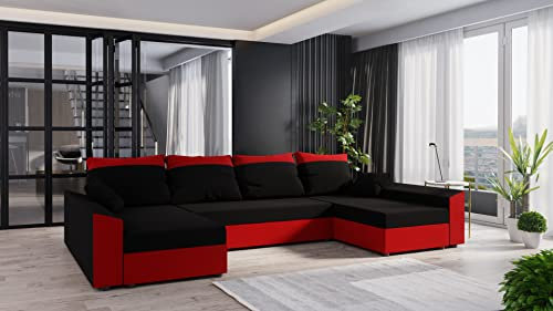 ALTDECOR Ecksofa in U-Form mit Schlaffunktion und Bettkasten Corner Sofa Bett Eckcouch Couch L-Form Schlafcouch Ausziehbar Wohnlandschaft Schlafsofa Cauchsofa - Pauli-U - 237x161x90cm Schwarz/Rot