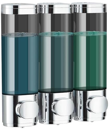 Soap Dispenser,Shampoo Dispenser Wall Mounted for Bathroom,Silver 3 Chamber 300mL*3 Simple Human Plastic Body Wash Shower Gel Shampoo Conditioner Soap Dispenser Holder No Drill Set