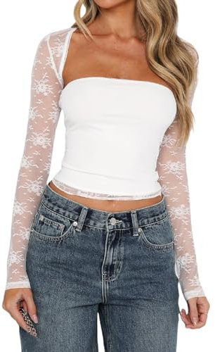 Women Lace Y2K Sheer Shirt Long Sleeve Sexy Low Cut Cropped Tight Tube Top Floral Lace Fitted Bolero Shrug Set(Great White 4,S)