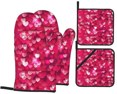 Limpac Juego de 4 guantes de horno y soportes para ollas con forma de corazón para el día de San Valentín, guantes duraderos resistentes al calor para cocinar y hornear