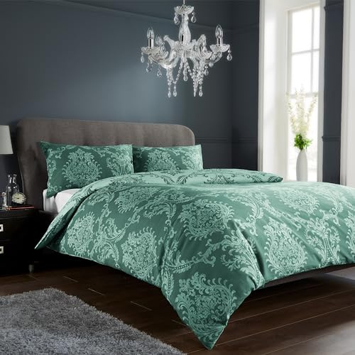 Olivia Rocco Royal Damask Duvet Cover Set Easy Care Quilt Covers With Pillowcases Cotton Rich Reversible Bedding Bed Linen Sets, Emerald Green King