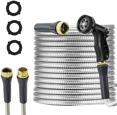 AnyEasy Stainless Steel Garden Hose 100ft Heavy Duty Metal Water Hoses with 10 Function Water Hose Nozzles for Yard Outdoor
