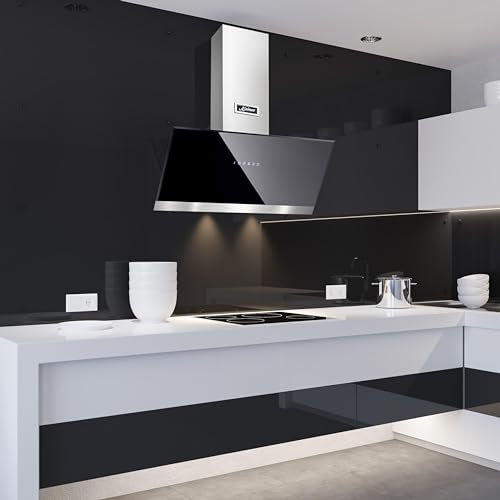 Kaiser AT 9440 Eco Dunstabzugshaube Wandhaube 90 cm, kopffreihaube, Schwarz Glas,1250m³/h, Dunstabzug mit Timer, Inkl.Umluftset