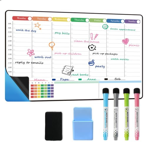 POPRUN Weekly Planner Whiteboard for Wall, Self Adhesive Family Calendar A3 | with Time Slots, Organiser Board, Daily Memo, Meal Plan, Schedule Planning, Home, Study, Task