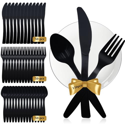 WLUOS 150 Pcs Couverts en Plastique 50 Couteaux 50 Fourchettes 50 Cuillères Couverts de Fête Réutilisables pour Camping Sauvage Réunion de Famille (Noir)