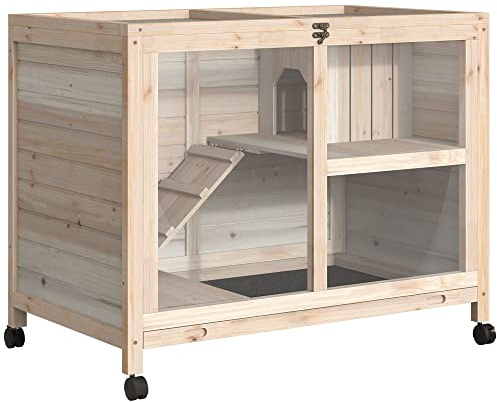 PawHut Conejera de Madera con Ruedas 2 Niveles 91,5x53,3x73 cm Natural