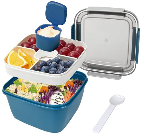 SEGNAYEN Salad Lunch Box, 1500ml Large Salad Container, Meal Prep Salad Bowl Boxes with Lid, 5-Compartment Tray, Dressing Pot, Cutlery, Lid for Adult Packed Fruit Snacks, Blue