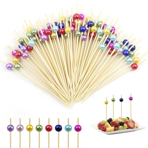 chenyu 200 Stück Cocktailspieße Spieße Fingerfood mit farbige Acrylperle Cocktail Spieße Holz Obst-Spieß für Cocktail Deko Candy und Antipasti Fasching Geburtstag Party