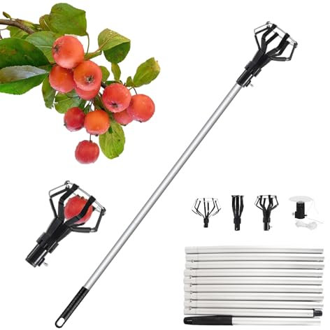 Domigard Herramienta de recogida de frutas con poste telescópico, 3,3 m con poste telescópico de aluminio ligero, recogedor de frutas para árboles frutales y herramienta de extracción de bombillas de