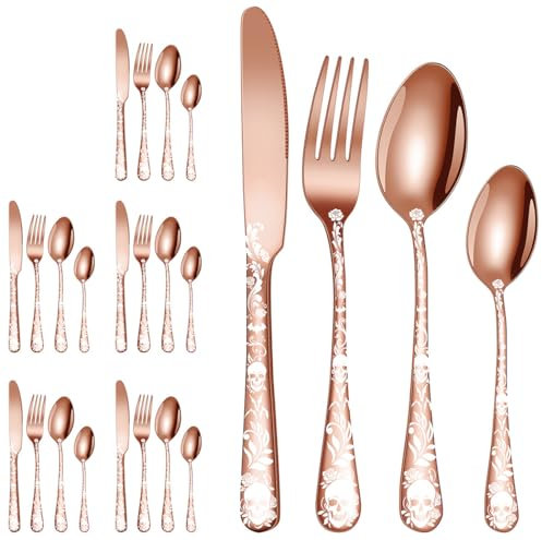 XIAOYU Halloween Skeleton Silverware Set, 24 Piece Stainless Steel Flatware Set Service for 6, Gothic Skull Cutlery Set Utensils for Halloween Easter Christmas, Rose Gold