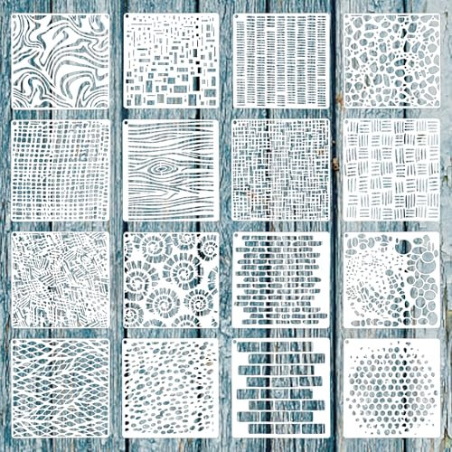 16pc Layering Stencils for Painting, 6x6 Mixed Texture Stencils for Crafts, Reusable for Burlap Art, Painting on Wood, Wall, Canvas, Brick, Layered Pattern Paint Art