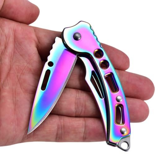 JPCRMOV Klappmesser klein Taschenmesser Zweihandmesser, Klein Messer EDC für Outdoor & Survival - Vollständig aus Stahl Leicht und Kompakt - Klingenlänge 6cm (Regenbogenfarbe)