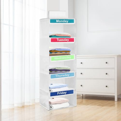 Organizador Colgante Semanal de Ropa para Niños - Poliéster, Almacenamiento para el Hogar, Dormitorio, Armario (Blanco)