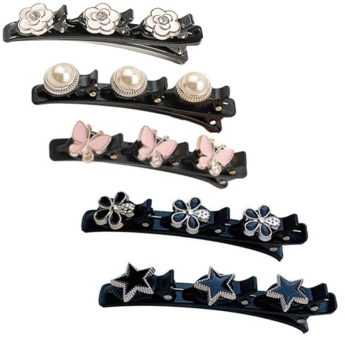 EIHI 5 Stück Haarspange mit 3 Clips Kolibri Haarspange mit Kristallblume Geflochtene Haarspange für Damen Frauen Mädchen Modische Doppelschicht Haarklammer Entenschnabel Haarspange