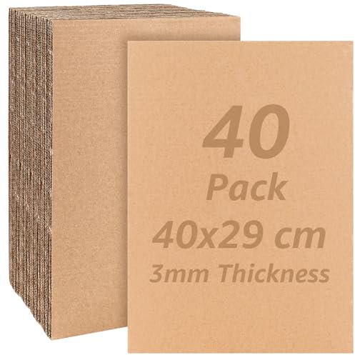AKOLAFE Lot de 40 feuilles de carton ondulé naturel - 3 mm d'épaisseur - 40 x 29 cm - Format A3 - Trois niveaux - Papier d'emballage lisse - Pour imprimer des cadeaux, l'emballage, le bricolage