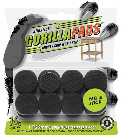 Slipstick GorillaPads CB147 Non Slip Furniture Pads/Gripper Feet (Set of 16) Self Adhesive Rubber Floor Protectors, 25mm Round, Black