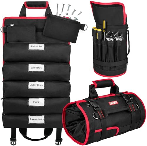 Tool Roll Bag,Roll Up Tool Bag Organizer,13 Pockets Large Tool Roll Storage Pouch,Heavy Duty Portable Tool Storage Carrier Bag for Men,Mechanic,Electrician & Hobbyist,Black Red