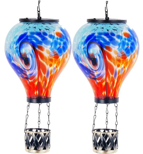 Starsoul 2 PC Hot Air Balloon Solar Lantern with Flame Glass Outdoor Hanging Hot Air Balloon Solar Light Waterproof Garden Patio Yard Party Decorations
