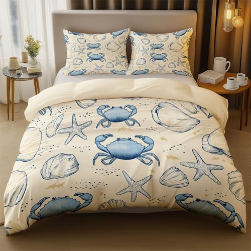 Retro Seesterne Muscheln Bedrucktes Bettwäsche Set 135 x 200 cm, Weiche Waschbar Mikrofaser Bettbezug mit Reißverschluss, 4 Eckbänder, Maritime Strand Nautik Design Creme, Blau