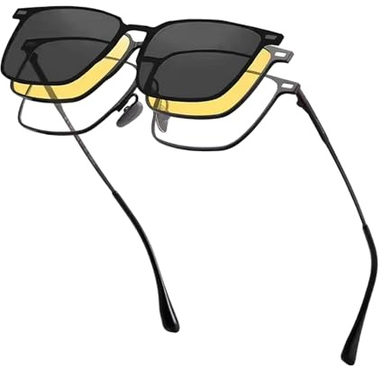 Dervin 3-in-1 magnetische Clip-On-Brille für Damen und Herren, UV-geschützte, polarisierte Sonnenbrille, Titan-Rahmen, blendfrei, Blaulicht-blockierende Computerbrille, gelbe Brille zum Autofahren