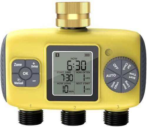 Johgee Programador Riego 3 Salidas con entrada de latón, 3 programas de riego de zonas Temporizador de riego de jardín, temporizador de riego automático Modo retardado por lluvia/manual/automático