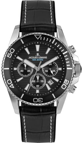 JACQUES LEMANS 1-2206A Herrenuhr Liverpool Diver Silikonband mit Leder Oberfläche Chronograph 20 ATM