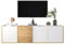 Meuble TV moderne avec 3 portes et 3 tiroirs, à suspendre ou à poser au sol, façade aspect bois et surfaces blanches mates, étagères intérieures réglables, buffet de salon pour appareils multimédias
