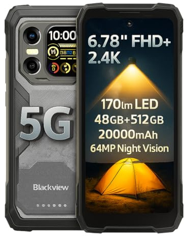 Blackview 5G KI Outdoor Smartphone XPLORE 1, 48GB+512GB, 6,78 FHD+ 2,4K Doppel-Displays, 170lm LED-Taschenlampen, 64MP+50MP+20MP Nachtsicht, 20000mAh Akku, IP68 IP69K Robustes Handy, NFC, Schwarz