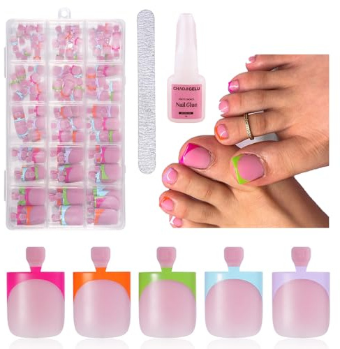 150-Piece 5-Colour French Tip Press-On Toenails with Soft Gel Short Square Full-Cover Tips - Artificial Toenail Set for Women DIY Pedicure and Nail Art, Includes Storage Case, Glitter File