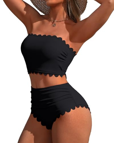 Charmo Bandeau Bikini Sets Tummy Control High Waisted Bathing Suit Black L