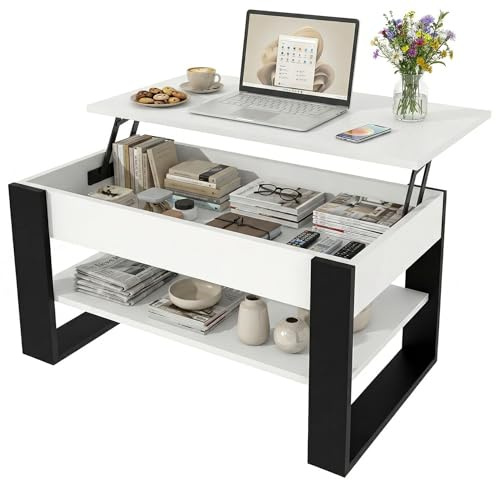 möbelkap Couchtisch mit anhebbarer Platte | Höhenverstellbarer Wohnzimmertisch mit Stauraum | Sofatisch Weiß Schwarz modern mit Ablage & verstecktem Fach – Coffee Table für Wohnzimmer & Büro