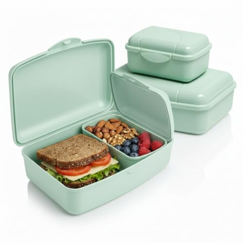 Hausfelder Brotdose Set Erwachsene, 18x14x6,5cm, Grün | 18x14x6,5cm, für Büro, Schule & unterwegs, BPA-frei, spülmaschinenfest, stapelbar, Brotdose, Erwachsene, Lunchbox