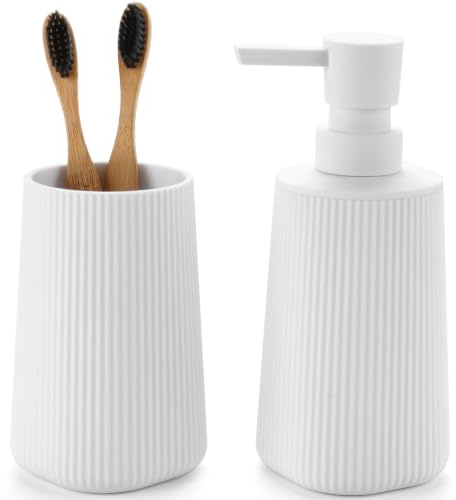 GAHEFY 2-teiliges Badezimmer-Accessoire-Set, Seifenspender mit 250 ml & Zahnputzbecher, Modernes Rillen-Design aus ABS-Kunststoff, für Waschbecken & Badablage (Weiß)