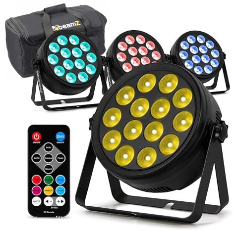 BeamZ BCC165 LED PAR Scheinwerfer, 4er Set mit Tasche, 14x 4W RGBW-UV LEDs, Partylicht mit DMX & Musiksteuerung, Effektstrahler mit Fernbedienung & Vorprogrammierte Shows, Bühnenbeleuchtung, DJ Light