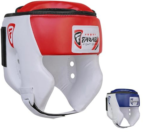 Farabi Sports kopfschutz Boxen Helmet with Adjustable Strap, Box kopfschutz Open Face kopfschutz MMA, Muay Thai, Sparring, Kampfsport, Karate, Boxing Helmet (S, White/Red)