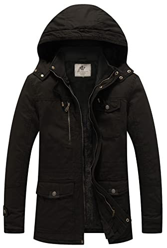 WenVen Giacca Militare Calda Invernale Cappotto con Cappuccio Staccabile a Vento Parka da Esterno Media Lunga Giubbotto Imbottito in Cotone Uomo Nero XL
