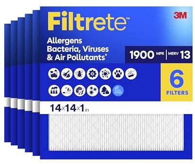 Filtrete 14x14x1 Air Filter, MPR 1900, MERV 13, Healthy Living Ultimate Allergen 3-Month Pleated 1-Inch Air Filters, 6 Filters