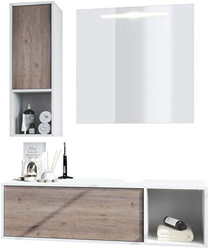 Vladon Badmöbel Komplettset La Costa, Made in Germany, Korpus in Weiß matt/Fronten in Eiche Nordic, mit LED Spiegel