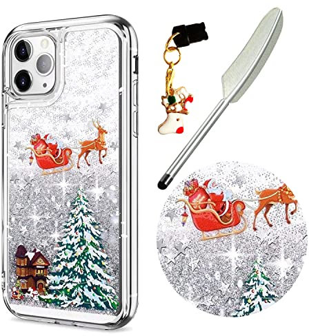 Reevermap iPhone 11 Pro Case Christmas Phone Case, Protective Clear Shiny Glitter Liquid Floating Soft Silicone Xmas Santa Claus Cover for iPhone 11 Pro & One Touch Pen & One Dust Plug, Silver