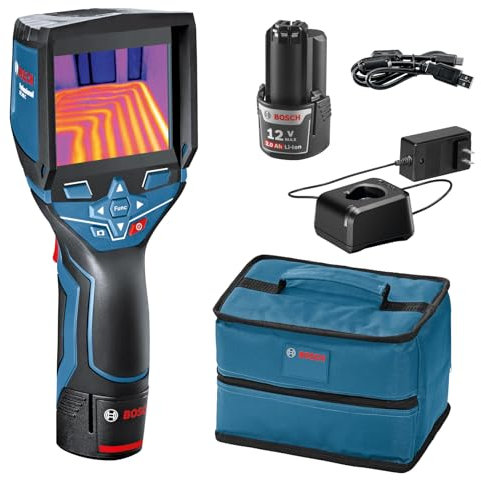BOSCH GTC400C Caméra thermique connectée 12 V Max, comprend une batterie lithium-ion 2 Ah 12 V max et un chargeur, un câble USB et une pochette souple