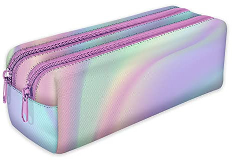Mäppchen Federtasche Schlamperbox Federmäppchen Schüleretui Stiftemappe mit Zwei Reißverschlüssen Holo-Regenbogen [107]