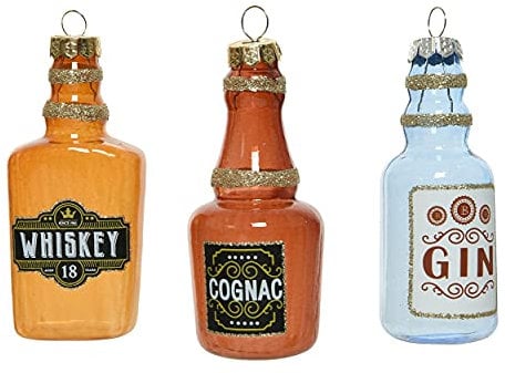 Decoris Christbaumschmuck Glas 9cm x 3 Stück Set Schnapsflaschen Weihnachtskugeln Vodka Gin Cognac
