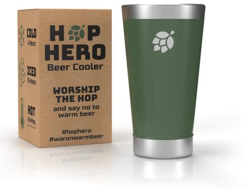 Hop Hero Insulated Beer Mug. Stainless Steel Camping and Travel Ale Tumbler. Double Layered Metal Pint Tumbler Cup with Lid. Beer Gift. 16oz 500ml (Sage Green).