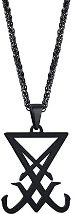 PJ JEWELLERY Herren Siegel von Luzifer Halskette : Satan Satanisch Anhänger Gotisch Gothic Hexe Alchemie Symbolisches Geschenk,Halloween Weihnachten 24'' Seilkette,Schwarz