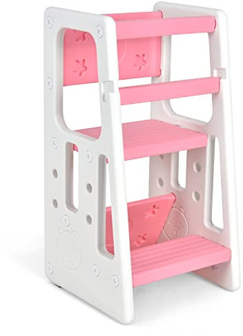COSTWAY 2 Stufen Lernturm mit 3 einstellbaren Höhen, Lerntower mit Schutzgeländer, Lernstuhl Küchenhelfer für Kinder von 18-60 Monaten (Rosa)