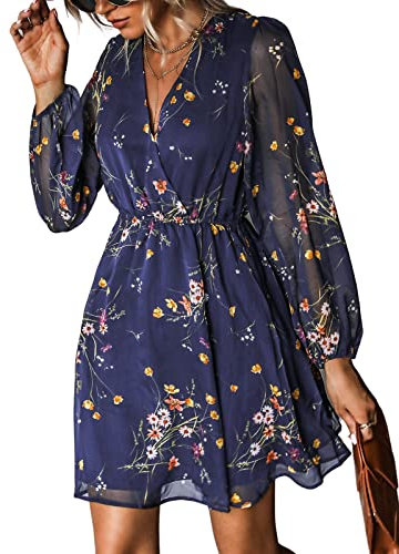 CUPSHE Women's Floral Print Chiffon A-Line Mini Dress Long Peasant Sleeves Elastic Summer Autumn Dress Navy S