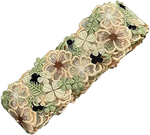 Yulakes 1 Yard 3D Organza Grün Blumen Spitzenbesatz, farbiges Blumen Stickerei Spitzenband Spitzenbordüre für Kleid/Hochzeit/Braut DIY Nähen Dekoration 6.5 cm breit