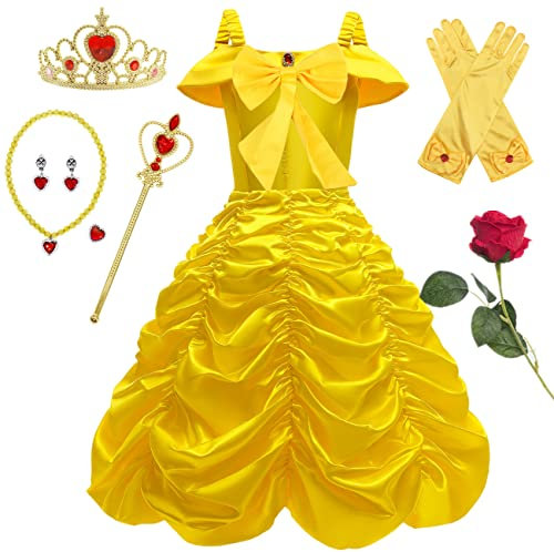 YOGLY Mädchen Kostüm Belle Prinzessin Kleid Verkleidung Die Schöne und das Biest Fliege Abendkleid und Zubehör für Kinder Cosplay Weihnachten Karneval Halloween Geburtstagsfeier Festkleid 2-10 Jahre