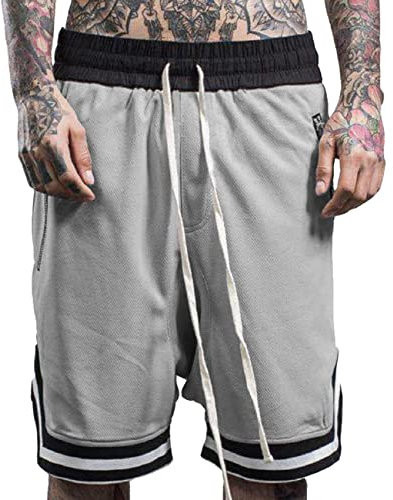 Plilima Atmungsaktive Basketball-Shorts für Herren, leicht, für Fitnessstudio, Boxen, Netzstoff, schnell trocknend, mit Reißverschlusstaschen, grau, XXL