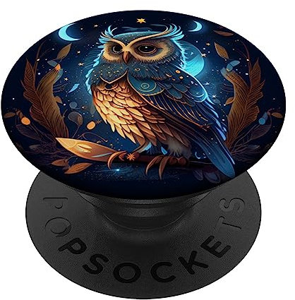 Owl Celestial Merch Nette Eule Himmlische Elemente Illustration PopSockets Klebender PopGrip Schwarz